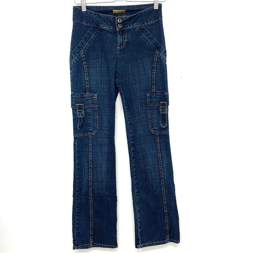 Gasoline Y2K Cargo Flare Denim Jeans Women Sz 3 Crosshatch Dark Wash Low Rise